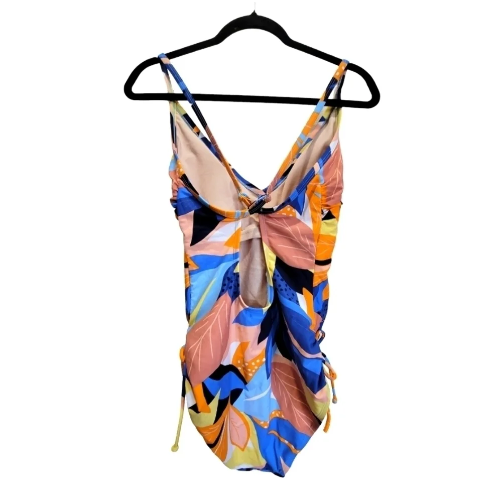 Large Tropical Side Drawstring Razorback Adjustable Straps One Piece Swimsuit